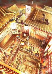 Rule 34 | 6+boys, 6+girls, architecture, banner, child, east asian architecture, from above, highres, japanese clothes, kimono, lantern, multiple boys, multiple girls, original, outdoors, own hands together, pagoda, paper lantern, rooftop, scenery, sitting, standing, tami (nekoneto)