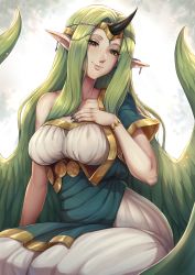 Rule 34 | 1girl, absurdres, bracelet, breasts, circlet, dress, evomanaphy, fingernails, fire emblem, fire emblem echoes: shadows of valentia, green hair, hand on own chest, highres, horns, jewelry, large breasts, looking at viewer, mila (fire emblem), nail polish, nintendo, pointy ears, sharp fingernails, single horn, slit pupils, smile, white dress, wings, yellow eyes