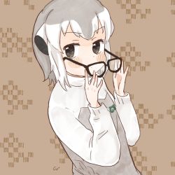Rule 34 | 1girl, blush, brown eyes, close-up, commentary request, glasses, grey hair, grey sweater, hands on eyewear, japari symbol, kemono friends, korean commentary, long sleeves, looking at viewer, meerkat (kemono friends), meerkat ears, multicolored hair, san sami, short hair, solo, sweater, two-tone hair, two-tone sweater, white hair, white sweater