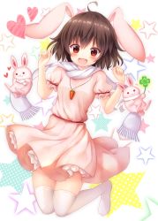 Rule 34 | 1girl, :3, :d, absurdres, ahoge, akakabu (obsidian910), animal ears, blush, breasts, brown hair, carrot necklace, clover, commentary request, dress, four-leaf clover, hands up, heart, highres, inaba tewi, jumping, legs together, looking at viewer, necklace, no shoes, open mouth, petticoat, pink dress, puffy short sleeves, puffy sleeves, rabbit, rabbit ears, red eyes, scarf, short dress, short hair, short sleeves, small breasts, smile, solo, star (symbol), starry background, suigetsu (watermoon-910), thighhighs, touhou, white background, white scarf, white thighhighs, zettai ryouiki