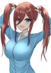 Rule 34 | 1girl, absurdres, alternate hairstyle, blue eyes, breasts, brown hair, bunching hair, go-toubun no hanayome, highres, large breasts, looking at viewer, nakano miku, open mouth, smile, solo, twintails, upper body