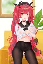 Rule 34 | 1girl, ahoge, azur lane, beret, black choker, black hat, black pantyhose, black sailor collar, blunt bangs, blush, breasts, choker, clothes lift, collarbone, contrapposto, couch, covered navel, covering own mouth, cowboy shot, crotch seam, error dot, hair ribbon, hat, high-waist pantyhose, highres, honolulu (azur lane), honolulu (umbrella girl) (azur lane), indoors, jewelry, large breasts, lifted by self, long hair, nipples, no bra, no panties, pantyhose, pendant, plant, red eyes, red hair, red ribbon, ribbon, sailor collar, saliva, saliva trail, school uniform, see-through, serafuku, shirt, shirt lift, short sleeves, solo, standing, stuffed animal, stuffed toy, teddy bear, twintails, underboob, very long hair, wavy mouth, wet, wet clothes, wet shirt, white shirt