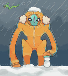 Rule 34 | +++, 1other, puff of air, akadako, black sclera, blue skin, clothed pokemon, cold, colored sclera, colored skin, constricted pupils, creatures (company), deoxys, deoxys (defense), flying, game freak, gen 3 pokemon, hood, hood up, hooded jumpsuit, jumpsuit, legendary pokemon, long sleeves, looking at viewer, multicolored skin, mythical pokemon, nintendo, one-hour drawing challenge, orange jumpsuit, other focus, outdoors, pokemon, pokemon (creature), rayquaza, red skin, snow, snowing, snowman, solo focus, standing, straight-on, trembling, two-tone skin, white eyes, wide-eyed, winter clothes, zipper, zipper pull tab