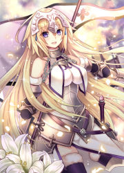 Rule 34 | 1girl, armor, armored dress, bare shoulders, black thighhighs, blonde hair, breasts, chain, cowboy shot, fate/grand order, fate (series), faulds, flag, flower, fur trim, headpiece, jeanne d&#039;arc (fate), jeanne d&#039;arc (ruler) (fate), jeanne d&#039;arc (third ascension) (fate), large breasts, long hair, looking at viewer, nozomi fuuten, parted lips, purple eyes, smile, solo, thighhighs, very long hair