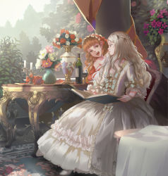 Rule 34 | 2girls, :d, annoyed, bare shoulders, blunt bangs, bottle, bow, brown eyes, brown hair, candle, carpet, closed mouth, day, dress, elbow gloves, eye contact, flower, forest, frilled dress, frilled sleeves, frills, glass, gloves, half-closed eyes, highres, long dress, long hair, long sleeves, looking at another, multiple girls, nature, open mouth, original, outdoors, purple flower, red flower, red gloves, red rose, rose, scenery, shoes, silver hair, sitting, smile, table, tea sly, teeth, troll face, upper teeth only, white dress, white flower, white footwear, white rose