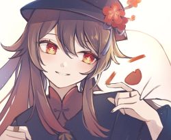 Rule 34 | 1girl, 7aka ne11, black nails, blush, brown hair, chinese clothes, collared shirt, colored tips, flower, flower-shaped pupils, genshin impact, ghost, hat, hat flower, highres, hu tao (genshin impact), jewelry, long hair, multicolored hair, multiple rings, nail polish, plum blossoms, porkpie hat, red eyes, red shirt, ring, shirt, smile, solo, symbol-shaped pupils, twintails