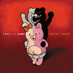 Rule 34 | album cover, arms up, bow, brown bow, carrying, claws, cover, danganronpa (series), danganronpa 2: goodbye despair, diaper, ear bow, fall out boy, folie a deux, gradient background, monokuma, monomi (danganronpa), no humans, piggyback, qosic, red background, reference work, standing, sweatdrop