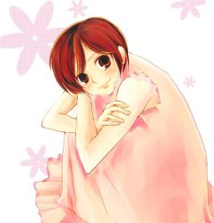 Rule 34 | 00s, 1girl, bare shoulders, crossed arms, dress, fujioka haruhi, ouran high school host club, pink dress, red eyes, red hair, short hair, simple background, sitting, sleeveless, sleeveless dress, smile, solo, white background