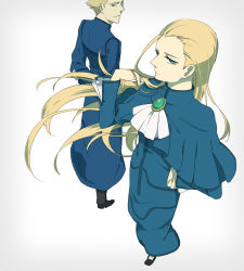 Rule 34 | 1boy, 1girl, bad id, bad pixiv id, blonde hair, blue eyes, brooch, capelet, dress, dual persona, fate/zero, fate (series), gender request, genderswap, jewelry, kayneth archibald el-melloi, long hair, perspective, shinishi chiho, simple background
