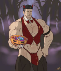Rule 34 | 1boy, abs, absurdres, alternate costume, bara, black hair, bow, bowtie, bulge, candy, cowboy shot, demon costume, demon horns, detached collar, english text, facial hair, food, forest, halloween, halloween costume, highres, horns, jack-o&#039;-lantern, k sen212, large pectorals, loincloth, looking at viewer, male focus, male pubic hair, manly, muscular, nature, navel, pectorals, pubic hair, pumpkin, revealing clothes, short hair, sideburns, solo, stubble, thick thighs, thighs, tokyo houkago summoners, upper body, yellow eyes, zabaniyya (housamo)