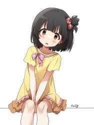Rule 34 | 1girl, absurdres, arms between legs, black hair, blush, bow, brown eyes, collarbone, dot nose, flat chest, hair bobbles, hair ornament, highres, idolmaster, idolmaster million live!, idolmaster million live! theater days, looking at viewer, nakatani iku, nnnn, one side up, open mouth, orange skirt, pink bow, shirt, short hair, short sleeves, sign, simple background, sitting, skirt, solo, v arms, white background, yellow shirt