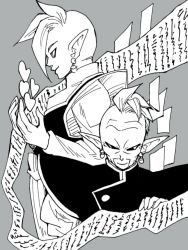 Rule 34 | 10s, 2boys, bad id, bad pixiv id, black eyes, dragon ball, dragon ball super, egyptian clothes, gowasu, grey background, greyscale, happy, heart, long sleeves, looking away, looking down, male focus, mohawk, monochrome, multiple boys, paper, pointy ears, simple background, smile, zamasu