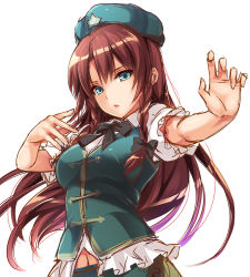 Rule 34 | 1girl, aqua eyes, beret, braid, chinese clothes, clothing cutout, fighting stance, hat, hong meiling, long hair, looking at viewer, midriff peek, monety, navel, navel cutout, parted bangs, parted lips, red hair, serious, shirt, skirt, skirt set, solo, tangzhuang, touhou, twin braids, upper body, white shirt