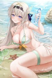 1girl absurdres beach bikini black_hairband blush bottle breasts cleavage collarbone commentary_request firefly_(honkai:_star_rail) green_bikini grey_hair hairband halterneck hamo_(miyo_rmo2) highres holding holding_bottle honkai:_star_rail honkai_(series) large_breasts long_hair lying ocean on_side on_water open_mouth partially_submerged purple_eyes ramune revision side-tie_bikini_bottom solo starfish string_bikini swimsuit wet