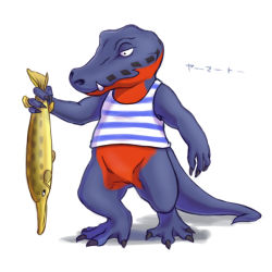 Rule 34 | 1boy, akiduhaniwa, alligator, animal crossing, character name, crocodilian, crocodilian tail, del (animal crossing), fang, fish, furry, furry male, japanese text, male focus, nintendo, simple background, solo, tail, translated, white background