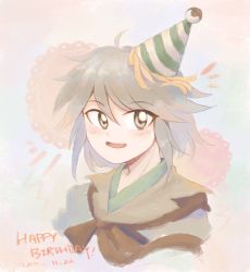 Rule 34 | 1other, androgynous, ascot, birthday, brown ascot, brown coat, brown scarf, coat, collared shirt, grey eyes, grey hair, happy birthday, hat, highres, hotaru kago, houlen yabusame, len&#039;en, light blush, open mouth, party hat, scarf, shirt, short hair with long locks, smile, solo, upper body