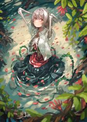 Rule 34 | 159cm, 1girl, arms up, blue skirt, bone, commentary request, dress shirt, flower, grey hair, hands in hair, highres, looking at viewer, monster girl, nature, open clothes, open shirt, original, partially submerged, petals, petals on liquid, plant, red eyes, ribs, rose, see-through, shirt, short sleeves, sitting, skeleton, skirt, smile, solo, tree, up sleeve, vines, wariza, water, wet, wet clothes, white shirt