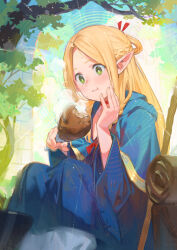 Rule 34 | 1girl, absurdres, bag, blonde hair, blue capelet, blue robe, blush, braid, capelet, chewing, chicken (food), chicken leg, ddal, dungeon meshi, eating, elf, food, food in mouth, gold trim, green eyes, hair around ear, hand on own face, highres, holding, holding food, hood, hooded capelet, light particles, long hair, mage staff, marcille donato, pointy ears, robe, sitting, sleeping bag, solo, tree