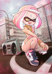 Rule 34 | + +, 1girl, backwards hat, bad id, bad pixiv id, bare shoulders, baseball cap, blacking your waifu, blunt bangs, boombox, bracelet, breasts, cephalopod eyes, collar, domino mask, full body, hat, highres, inkling, jewelry, legs, leotard, looking at viewer, mask, mole, mole under mouth, nintendo, open mouth, outdoors, pearl (splatoon), pink hair, pink hat, pink leotard, ring, shoes, short hair, sleeveless, small breasts, smile, sneakers, solo, splatoon (series), splatoon 2, splatoon 2: octo expansion, squatting, tentacle hair, thick eyebrows, tongue, v, yellow eyes
