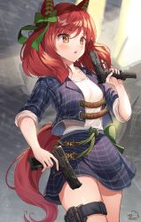 Rule 34 | 1girl, absurdres, alternate costume, animal ears, blush, casual, commentary request, drawing wpchan, dual wielding, glock, gun, handgun, highres, holding, horse ears, horse girl, horse tail, looking to the side, medium hair, nice nature (umamusume), open mouth, red hair, signature, simple background, tail, trigger discipline, umamusume, weapon, yellow eyes
