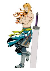Rule 34 | 1boy, abel (unlight), arm tattoo, blue eyes, boots, crossed arms, konohanaya, long hair, looking at viewer, male focus, muscular, orange hair, parted lips, planted sword, planted, topless male, standing, standing on one leg, sword, tattoo, transparent background, unlight, weapon