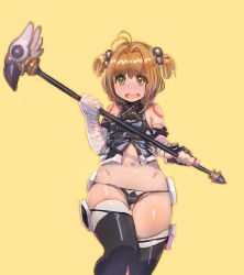 Rule 34 | 1girl, antenna hair, bandaged arm, bandages, bare shoulders, black panties, black thighhighs, blush, bow (bhp), brown hair, cardcaptor sakura, cosplay, cowboy shot, embarrassed, fate/apocrypha, fate (series), fingerless gloves, fuuin no tsue, gloves, green eyes, jack the ripper (fate/apocrypha), jack the ripper (fate/apocrypha) (cosplay), kinomoto sakura, looking at viewer, navel, panties, short hair, solo, tange sakura, thighhighs, two side up, underwear, voice actor connection, wand