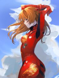 Rule 34 | 1girl, absurdres, arms up, artist request, ass, blue sky, bodysuit, brown hair, cowboy shot, hair between eyes, highres, huge ass, lips, long hair, looking away, neon genesis evangelion, plugsuit, rebuild of evangelion, red bodysuit, shiny clothes, skin tight, sky, solo, souryuu asuka langley, standing, sunlight, two side up, very long hair, wide hips
