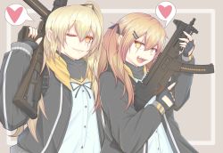 Rule 34 | 2girls, :d, black gloves, black jacket, black ribbon, blonde hair, commentary request, cube85, fang, fingerless gloves, girls&#039; frontline, gloves, grey background, grin, gun, hair between eyes, hair ornament, hair ribbon, hairclip, hand up, heart, highres, holding, holding gun, holding weapon, jacket, long hair, long sleeves, looking at viewer, multiple girls, one eye closed, one side up, open clothes, open jacket, open mouth, outside border, ribbon, rifle, scar, scar across eye, scar on face, shirt, sidelocks, simple background, smile, spoken heart, submachine gun, trigger discipline, ump45 (girls&#039; frontline), ump9 (girls&#039; frontline), upper body, weapon, white shirt, yellow eyes