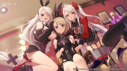 Rule 34 | 3girls, ;d, absurdres, animal, azumi akitake, azur lane, bare shoulders, bird, black dress, blonde hair, blush, braid, breasts, cleavage, commentary request, company name, copyright name, cosplay, cross, dress, embarrassed, garter straps, gloves, hair ornament, hairband, highres, indoors, iron cross, large breasts, leg up, logo, long hair, long sleeves, looking at viewer, manjuu (azur lane), mole, mole under eye, multicolored hair, multiple girls, necktie, official art, one eye closed, open mouth, parted lips, pleated skirt, prinz eugen (azur lane), prinz eugen (azur lane) (cosplay), prinz eugen (cordial cornflower) (azur lane), prinz heinrich (azur lane), purple eyes, red eyes, red hair, second-party source, sideboob, sitting, skirt, sleeveless, smile, thighhighs, thighs, underboob, very long hair, white hair, z23 (azur lane)
