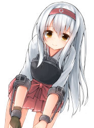 Rule 34 | 10s, 1girl, armor, boots, brown eyes, hairband, hands on own knees, japanese clothes, kantai collection, long hair, miko, mizushina minato, muneate, shoukaku (kancolle), silver hair, simple background, skirt, smile, solo, thigh boots, thighhighs, white background