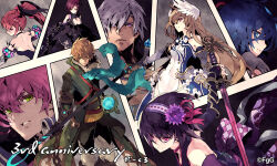 3boys 5girls anniversary arm_guards artist_name back_cutout blue_hair brown_hair cadanova_(ta_ga_tame_no_alchemist) chloe_(ta_ga_tame_no_alchemist) cleavage_cutout closed_mouth clothing_cutout copyright_notice da-kuro green_eyes hair_between_eyes hairband holding holding_staff holding_sword holding_weapon japanese_clothes katana kimono lamia_(ta_ga_tame_no_alchemist) magnus_(ta_ga_tame_no_alchemist) multiple_boys multiple_girls official_art orb othima_(ta_ga_tame_no_alchemist) profile purple_hairband purple_kimono red_eyes second-party_source setsuna_(ta_ga_tame_no_alchemist) sieba_(ta_ga_tame_no_alchemist) signature staff sword ta_ga_tame_no_alchemist weapon wing_hair_ornament yomi_(ta_ga_tame_no_alchemist)