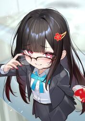 Rule 34 | 1girl, adjusting eyewear, black-framed eyewear, black hair, black jacket, black skirt, blue bow, blurry, blurry background, blush, bow, brown hair, collared shirt, commentary request, depth of field, dress shirt, glasses, gradient hair, hair ornament, hairclip, hand up, highres, holding, holding mask, honkai: star rail, honkai (series), jacket, long hair, looking at viewer, mask, multicolored hair, nail polish, open clothes, open jacket, over-kneehighs, pleated skirt, red eyes, red nails, school uniform, shirt, skirt, smile, solo, sparkle (honkai: star rail), thighhighs, tsukiman, unworn mask, very long hair, white shirt