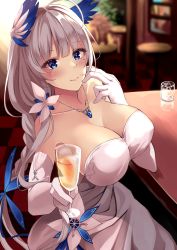 Rule 34 | 1girl, absurdres, azur lane, bare shoulders, blue eyes, blue gemstone, breasts, champagne flute, cleavage, cocktail dress, cup, dress, drinking glass, elbow gloves, feather hair ornament, feathers, gem, gloves, hair ornament, highres, holding, holding cup, huge breasts, illustrious (azur lane), illustrious (illustrious ball) (azur lane), long hair, looking at viewer, mole, mole under eye, sitting, sleeveless, sleeveless dress, solo, strapless, strapless dress, very long hair, wee (weeyy), white dress, white gloves, white hair