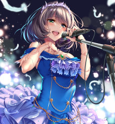 Rule 34 | 1girl, :d, armlet, blue eyes, blue shirt, breasts, brown hair, chain, feather hair ornament, feathers, green eyes, grey skirt, hair ornament, heterochromia, highres, holding, holding microphone stand, idolmaster, idolmaster cinderella girls, layered skirt, medium breasts, microphone stand, miniskirt, mole, mole under eye, open mouth, piromizu, shirt, short hair, skirt, smile, solo, sparkle, standing, takagaki kaede, white feathers