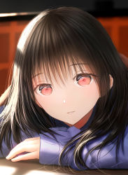 Rule 34 | 1girl, black hair, blue shirt, blurry, blurry background, blush, highres, leaning forward, long hair, long sleeves, looking at viewer, ojay tkym, original, parted lips, pink eyes, resolution mismatch, shirt, smile, solo, source smaller