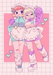 2girls alternate_costume alternate_hairstyle apron arm_up bandaid bandaid_on_leg black_eyes blonde_hair breasts candy commentary food full_body grid_background grin highres jacket jersey_maid lollipop maid maid_headdress mameo_(mameo6416) multicolored_hair multiple_girls name_tag official_style one_side_up orange_hair ramona_flowers roxie_richter scott_pilgrim_(series) scott_pilgrim_takes_off shoes short_hair short_twintails sleeves_past_fingers sleeves_past_wrists smile smug socks standing symbol-only_commentary track_jacket twintails two-tone_hair unconventional_maid