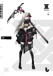 Rule 34 | 1girl, bare shoulders, black footwear, black jacket, black thighhighs, boots, breasts, brown eyes, brown hair, brown shirt, closed mouth, commentary request, crop top, eyeshadow, facial mark, grey background, hair between eyes, hand up, highres, holding, holding weapon, jacket, kama (weapon), long hair, long sleeves, looking at viewer, makeup, navel, off shoulder, open clothes, open jacket, original, over shoulder, puffy long sleeves, puffy sleeves, sanshouuo, shirt, sickle, small breasts, solo, thigh boots, thighhighs, two-tone background, v-shaped eyebrows, very long hair, weapon, weapon over shoulder, white background, wide sleeves
