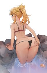 Rule 34 | 1girl, absurdres, ass, ass focus, bent over, bikini, blonde hair, blush, breasts, butt crack, fate/apocrypha, fate/grand order, fate (series), green eyes, hand on own ass, highres, kiritzugu, long hair, looking at viewer, looking back, mordred (fate), mordred (fate/apocrypha), onsen, partially visible vulva, ponytail, raised eyebrows, rubber duck, side-tie bikini bottom, sidelocks, solo, swimsuit, thighs, wading, water