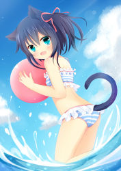 Rule 34 | 1girl, animal ears, ass, ball, bare arms, bare shoulders, beachball, bikini, black hair, blue eyes, cat ears, day, fang, from behind, hair between eyes, highres, looking at viewer, looking back, original, outdoors, ribbon, short hair, smile, solo, swimsuit, tail, twintails, umi suzume, wading, water