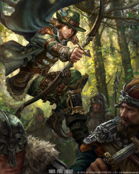 Rule 34 | 5boys, aiming, arm guards, armband, armor, arrow (projectile), backlighting, beard, belt pouch, black footwear, boots, bow (weapon), brown hair, cape, closed mouth, copyright name, drawing bow, expressionless, facial hair, forest, fur collar, fur trim, green cape, green hat, green jacket, green pants, green theme, hat, hat feather, hat ornament, helmet, holding, holding bow (weapon), holding weapon, jacket, jumping, knee pads, laura sava, long sleeves, male focus, midair, mobius final fantasy, multiple boys, nature, open clothes, open jacket, outdoors, pants, plant, pocket, polearm, pouch, realistic, robin hood, sheath, shirt, spear, stubble, sword, tree, unsheathing, weapon, white shirt