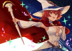 Rule 34 | 10s, 1girl, belt, blue skirt, breasts, cape, choker, cleavage, detached sleeves, hand on own chest, hat, highres, large breasts, little witch academia, looking at viewer, navel, night, open mouth, pleated skirt, red cape, red eyes, red hair, shiny chariot, shiny rod (little witch academia), short hair, skirt, sky, smile, solo, sparkle, star (sky), starry sky, thighhighs, tk (tksnim), wide sleeves, witch, witch hat