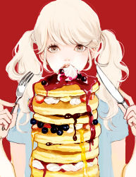 Rule 34 | 1girl, blonde hair, blueberry, brown eyes, food, fork, fruit, grey eyes, knife, long hair, looking at viewer, original, pancake, parted lips, red background, solo, pancake stack, strawberry, syrup, twintails, uma (i-boh), whipped cream, white hair