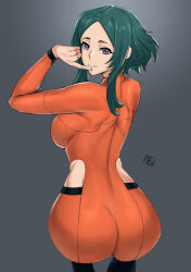 Rule 34 | 1girl, absurdres, artist logo, artist name, ass, bodysuit, breasts, closed mouth, clothing cutout, finger to mouth, forehead, from behind, green hair, grey background, gundam, gundam suisei no majo, highres, large breasts, looking at viewer, maisie may, orange bodysuit, purple eyes, short hair, short hair with long locks, side cutout, solo, squatting, tierla