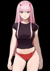 Rule 34 | 1girl, absurdres, arms at sides, black background, black shirt, breasts, carlo montie, closed mouth, commentary, contrapposto, cowboy shot, cropped shirt, darling in the franxx, english commentary, expressionless, fingernails, green eyes, highres, horns, light blush, long hair, looking at viewer, medium breasts, nail polish, no pants, panties, pink hair, red horns, red nails, red panties, shirt, short sleeves, simple background, solo, straight-on, straight hair, underwear, zero two (darling in the franxx)
