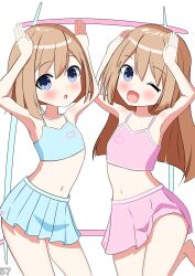 2girls arms_up blue_camisole blue_eyes blue_skirt brown_hair camisole highres long_hair multiple_girls navel nepopopop neptune_(series) one_eye_closed open_mouth pink_camisole pink_skirt ram_(neptunia) rom_(neptunia) siblings sisters skirt standing