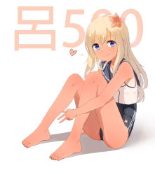 Rule 34 | 1girl, absurdres, ass, blue eyes, character name, crop top, dorymin, feet, flower, hair between eyes, hair flower, hair ornament, highres, kantai collection, legs, long hair, looking at viewer, one-piece swimsuit, one-piece tan, open mouth, ro-500 (kancolle), sailor collar, school swimsuit, simple background, sitting, smile, solo, swimsuit, swimsuit under clothes, tan, tanline, thighs, v, white hair