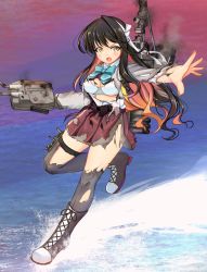 Rule 34 | 1girl, absurdres, black hair, blazer, blouse, blue bra, boots, bow, bowtie, bra, breasts, burnt clothes, cannon, cross-laced footwear, damaged, dress, full body, grey thighhighs, hair down, hairband, halterneck, highres, jacket, kantai collection, lace-up boots, large breasts, long hair, machinery, multicolored hair, naganami (kancolle), naganami kai ni (kancolle), ocean, open mouth, pink hair, pleated skirt, rigging, shirt, skirt, smokestack, solo, standing, standing on liquid, thighhighs, torpedo launcher, torpedo tubes, turret, two-tone hair, underwear, wavy hair, white hairband, white shirt, yashin (yasinz)