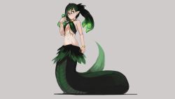 Rule 34 | 1girl, black hair, bracelet, breasts, commentary, english commentary, fusion, glasses, gradient hair, green eyes, green hair, grey background, hand up, highres, jewelry, lamia, long hair, looking at viewer, medium breasts, medusa (monster girl encyclopedia), monster girl, monster girl encyclopedia, monsterification, multicolored hair, navel, original, paintrfiend, pointy ears, rectangular eyewear, simple background, smile, snake hair, solo, tharkis, twintails