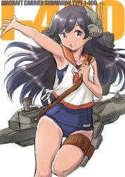 Rule 34 | 1girl, text background, black hair, blue one-piece swimsuit, brown eyes, character name, commentary request, cowboy shot, fuji (pixiv24804665), headgear, highres, i-400 (kancolle), kantai collection, long hair, looking at viewer, machinery, one-piece swimsuit, one-piece tan, open mouth, orange sailor collar, sailor collar, sailor shirt, school swimsuit, shirt, side-tie shirt, simple background, sleeveless, sleeveless shirt, smile, solo, swimsuit, swimsuit under clothes, tan, tanline, teeth, upper teeth only, white background