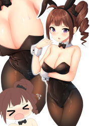 Rule 34 | &gt; &lt;, 1girl, :o, animal ears, bare shoulders, binsen, black hairband, black leotard, black neckwear, blush, bow, bowtie, breasts, brown hair, brown pantyhose, chibi, cleavage, closed eyes, collar, detached collar, drill hair, fake animal ears, flying sweatdrops, hairband, idolmaster, idolmaster million live!, leotard, medium breasts, multiple views, open mouth, pantyhose, parted lips, playboy bunny, purple eyes, rabbit ears, side ponytail, sidelocks, simple background, strapless, strapless leotard, sweat, white background, white collar, wing collar, wrist cuffs, yokoyama nao